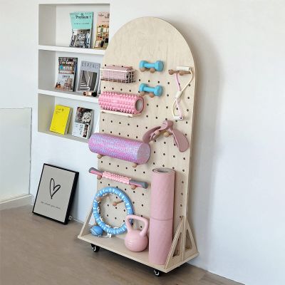 C'ESTBON Movable Home Gym Yoga Mat Storage Racks, Yoga Strap Resistance Bands Dumbbel Yoga Supplies, Space Saving Pegboard, Exercise Equipment for Home (Color : Birch Color)