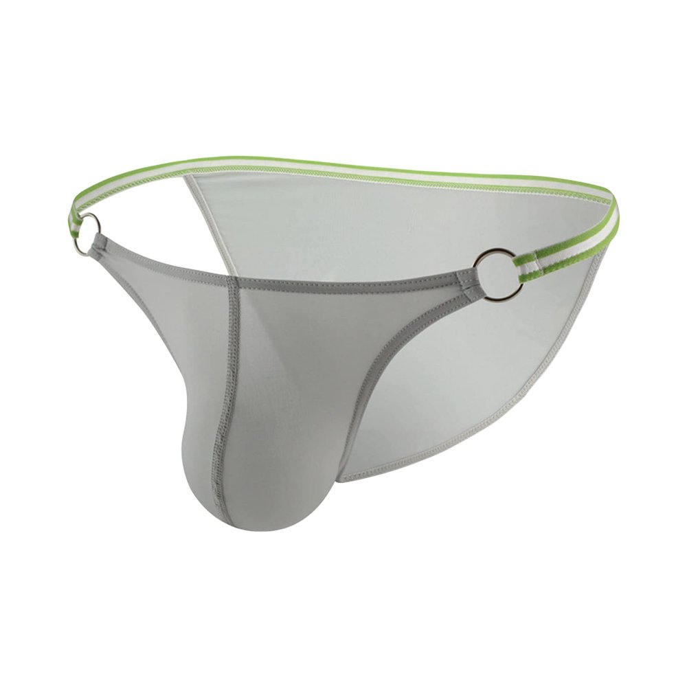 JEsilunmaMY Sexy Hollow Bikini Briefs for Men Ice Silk Low Rise Bulge Pouch Underwear Solid Color Breathable G-String Thongs (Grey,Large)