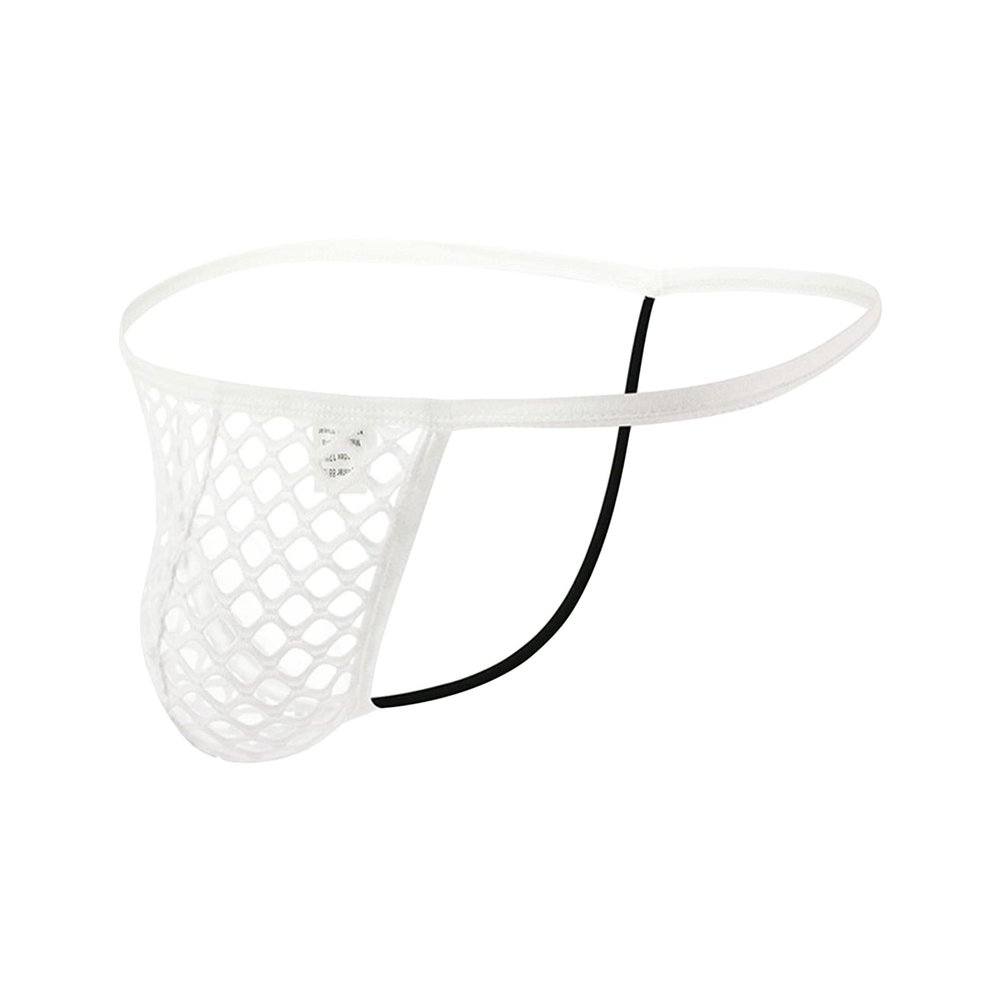 JEsilunmaMY Mens Hollow Out G-String Thongs Low Rise Fishnet Bulge Pouch Bikini Brief Transparent Mesh T-Back Underwear (White,Small)