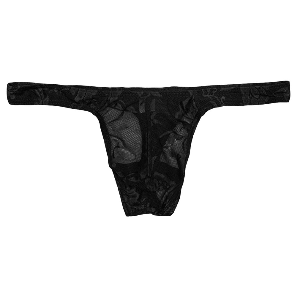 JEsilunmaMY Low Rise T-Back for Men See Through Lace Sheer Sissy G-String Panties Stretch Breathable Thongs Bikini Briefs (Black,X-Large)