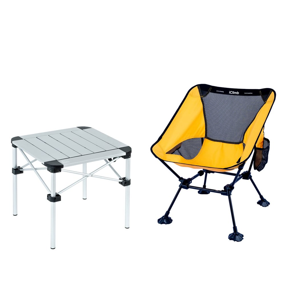 iClimb 1 Ultralight Compact Anti-Sinking Large Feet Chair and 1 Lightweight Stable Folding Square Table Bundle, for Single Person Outdoor Backpacking Hiking Camping Beach Concert