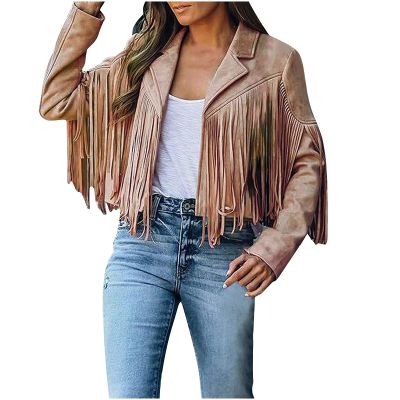 Womens Short Party Cardigan Fashion Soild Jackets Fringe Long Sleeve Slim Tassel Lapel Womens Casual Outfit Brown