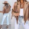 Womens Short Party Cardigan Fashion Soild Jackets Fringe Long Sleeve Slim Tassel Lapel Womens Casual Outfit Brown view 3