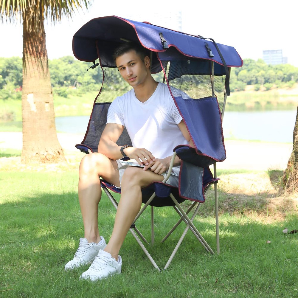 Camping Brothers Camping Chair with Canopy - Beach Chair with Shade for Outdoor Use, Adjustable Sunshade, Cup Holder, Side Pockets - Heavy Duty Folding Chair with Canopy Supports 330 lbs (Navy)