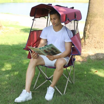 Camping Brothers Beach Chair with Canopy Shade - Outdoor Folding Chair with Full Sun Protection Canopy - Ideal for Camping, Lawn, Sports, Picnic & Beach - Comfortable & Convenient Design (Maroon)