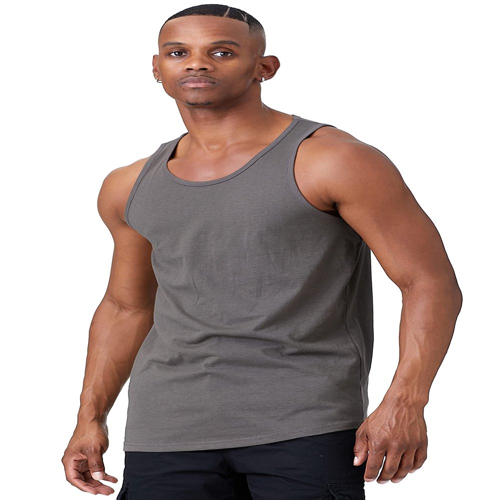 JC DISTRO Mens Basic Elong Longline Drop Cut Scallop-Tail Tank Top Jersey Casual Shirts WarmGrey X-Large
