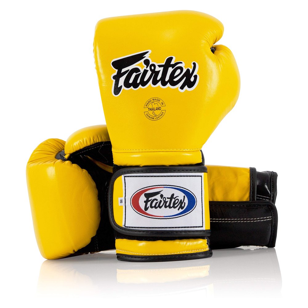 Fairtex Muay Thai Boxing Gloves BGV9 - Heavy Hitter Mexican Style Training & Sparring Gloves for Kick Boxing MMA K1 (Yellow/Black/Black Piping, 14 oz)