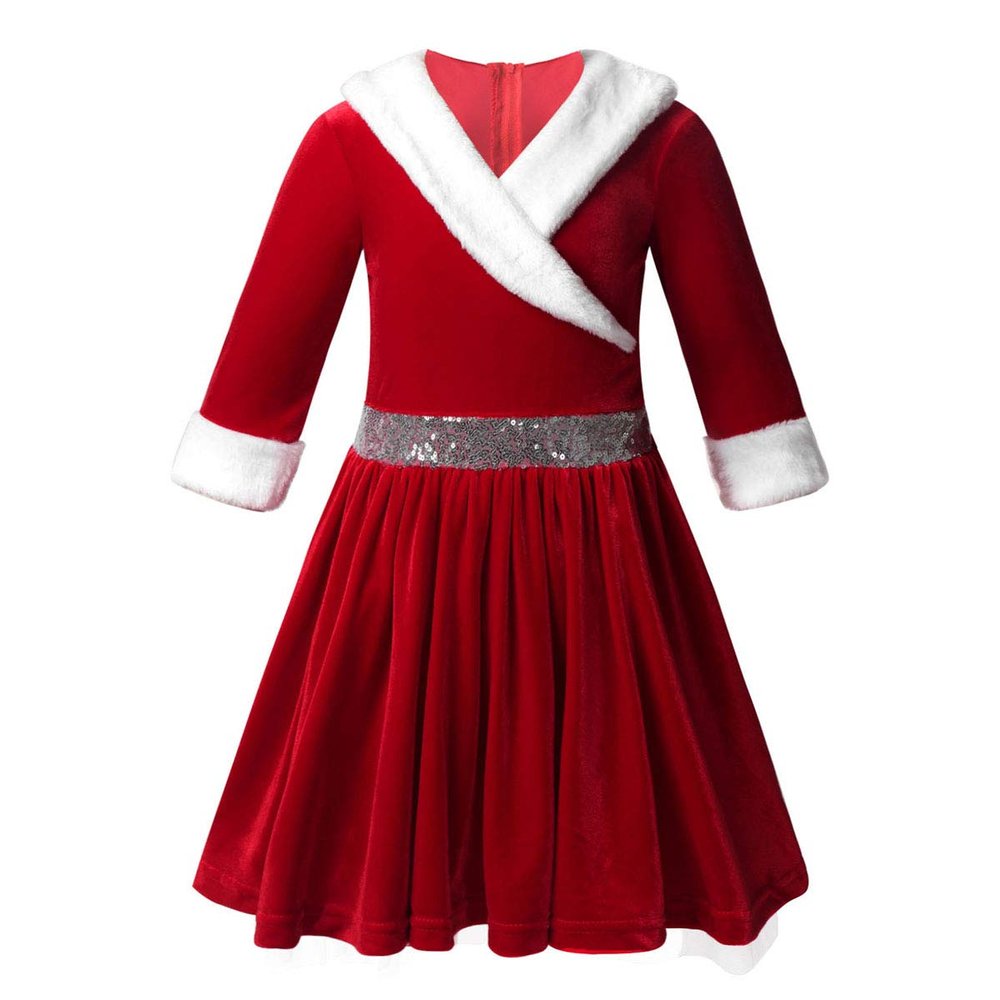 JEEYJOO Kids Girls Long Sleeve Faux Fur Velvet Christmas Costume Ice Figure Skating Twirling Dress Dancewear Red 16