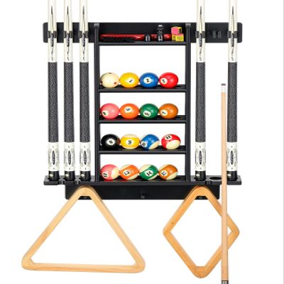 EXTCCT Billiards Pool Cue Rack, Pool Stick Holder Wall Mount Holds 6 Cues and Pool Table Chalk Equipment Accessories, Oak Solid Wooden Billiard Cue Rack for Game Room Club or Men CaveBlack Color