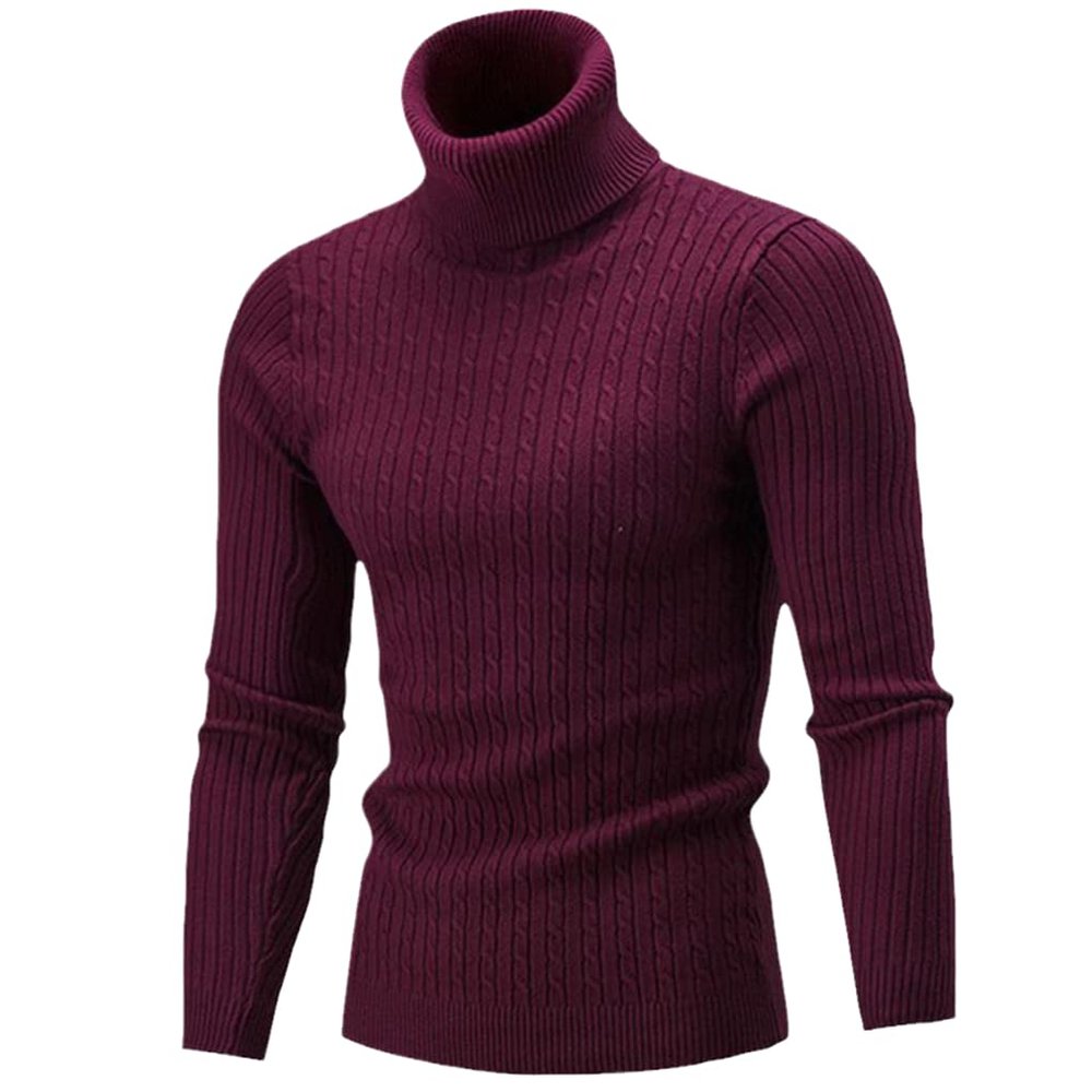 Autumn Winter Sweater Men Turtleneck Sweaters Pullover Slim Knitted Jumper Tops Wine Red XL