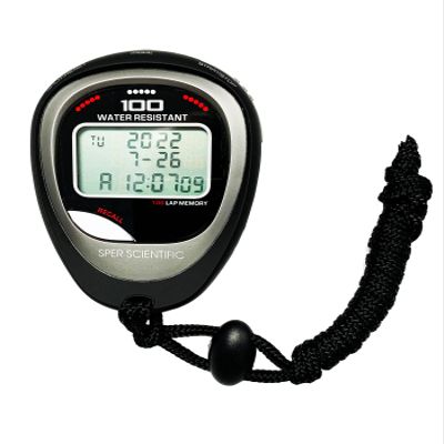 Sper Scientific 100 Memory Water and Shock Resistant Stopwatch 810036A - Stopwatch/Timer with 100 Split/Lap Memory, 20-Hour Countdown, 4 Timing Modes, Pacer, Clock/Calendar, Belt Clip & Lanyard