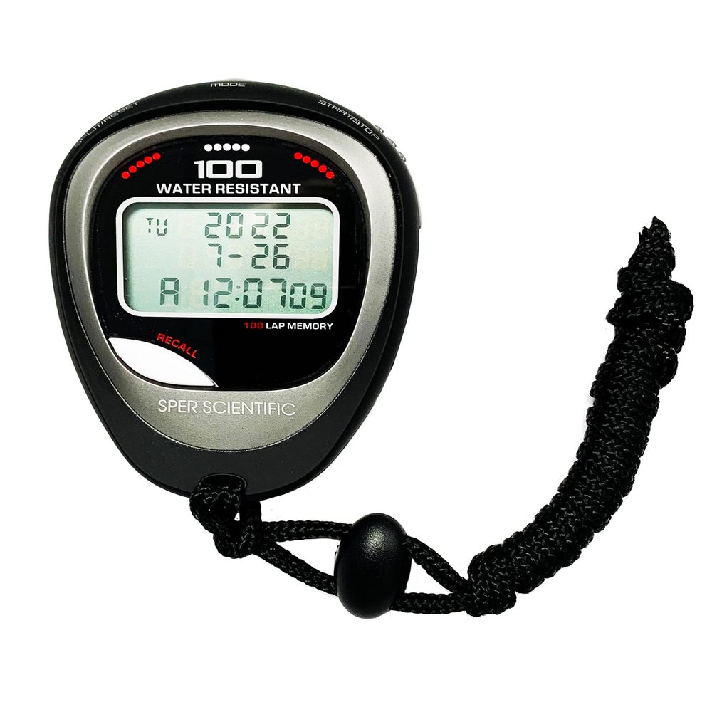 Sper Scientific 100 Memory Water and Shock Resistant Stopwatch 810036A - Stopwatch/Timer with 100 Split/Lap Memory, 20-Hour Countdown, 4 Timing Modes, Pacer, Clock/Calendar, Belt Clip & Lanyard
