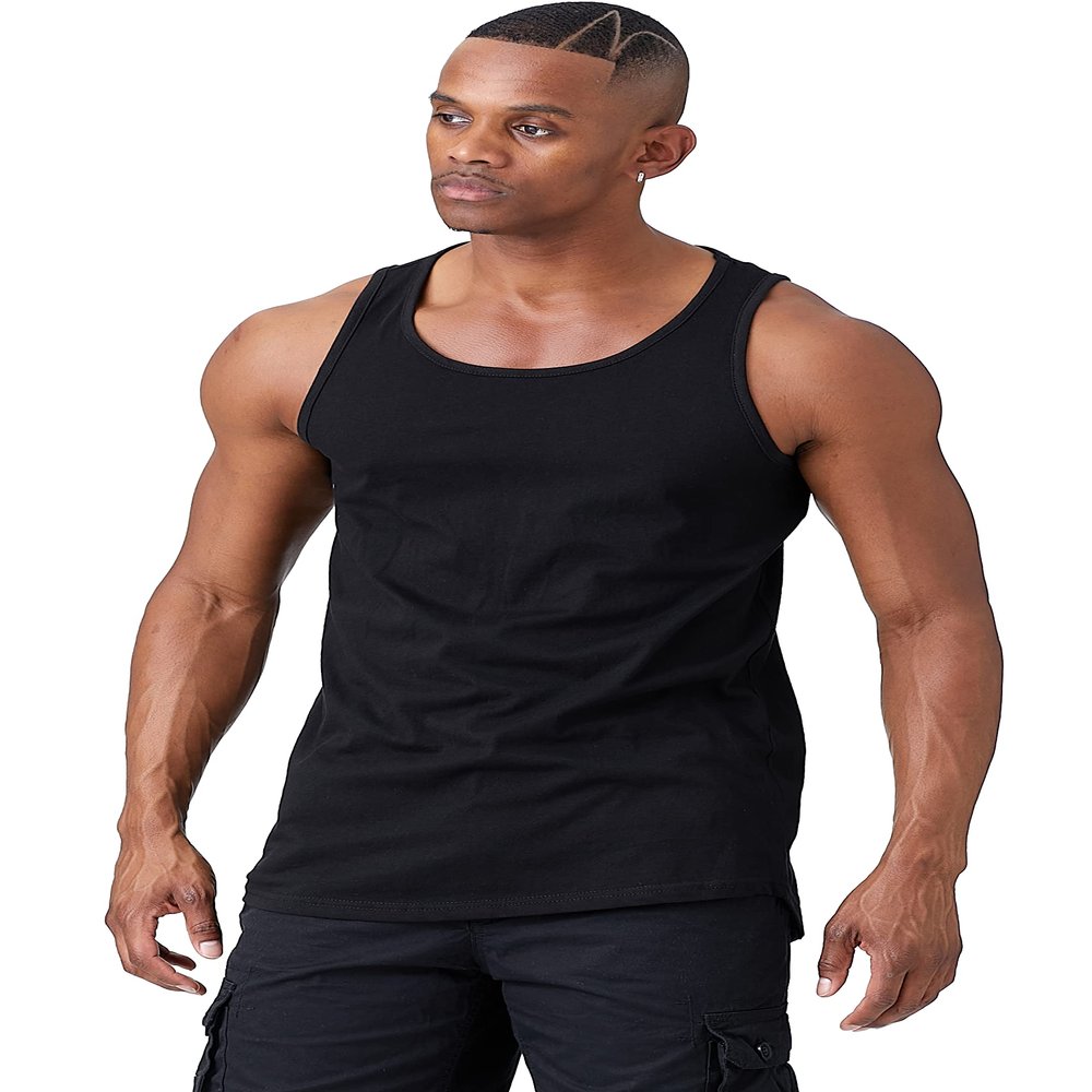JC DISTRO Mens Basic Elong Longline Drop Cut Scallop-Tail Tank Top Jersey Casual Shirts Black X-Large