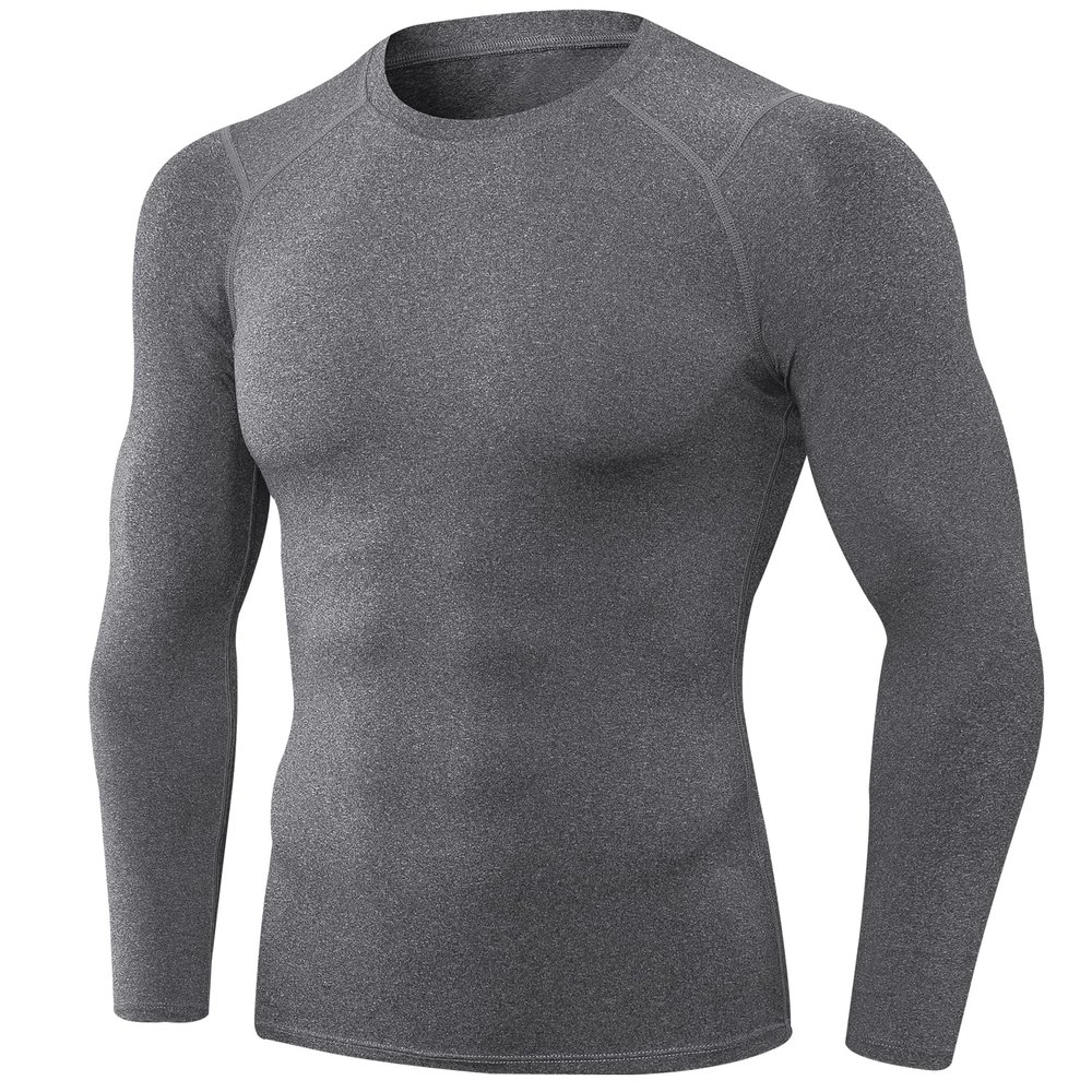Grey Men's Compression Shirts Long Sleeve, Dry Fit Athletic Workout Gym Shirts Sports Base Layer Top Running T-Shirt