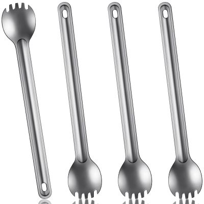 4 Pieces Titanium Long Handle Spork and Spoon Ultralight Portabale Flatware 8.7 Inch Soup Spoon Camping Spork for Outdoor Camping Backpacking Hiking Travel Picnic Tableware (Silver)