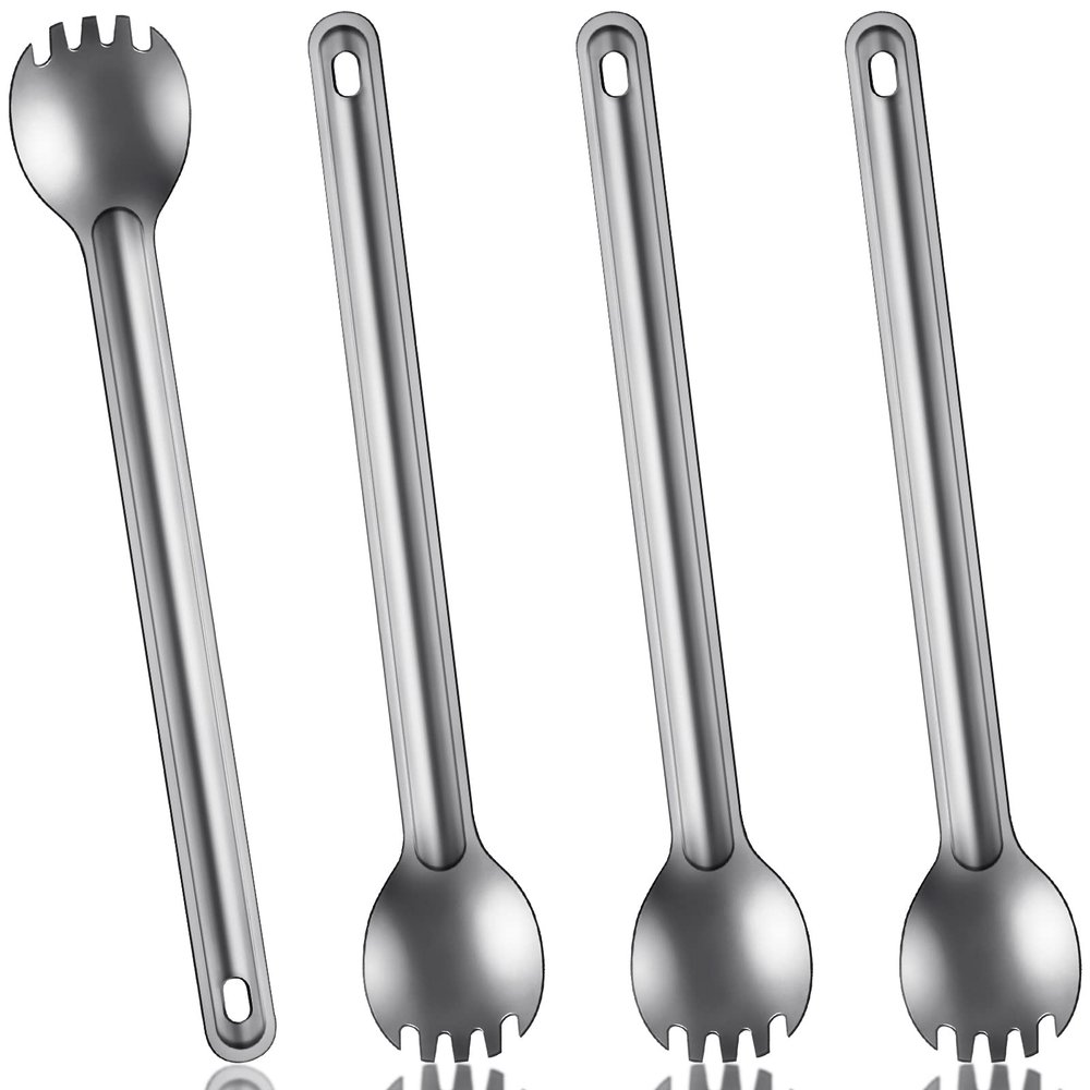 4 Pieces Titanium Long Handle Spork and Spoon Ultralight Portabale Flatware 8.7 Inch Soup Spoon Camping Spork for Outdoor Camping Backpacking Hiking Travel Picnic Tableware (Silver)