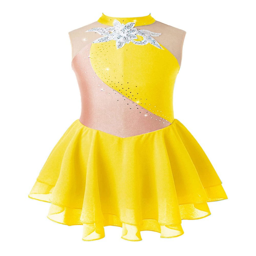 winying Kids Girls Figure Ice Skating Dress Rhinestones Sleeveless Gymnastic Leotard Ballet Tutu Skirts Dancewear Yellow C 10 Years