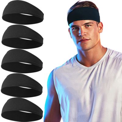 5 Pack Sports Black Headband for Men, Breathable Mesh Design, Reused & Washed Mens Headband Sweat Bands for Running Yoga,Fitness Workout (5 Black)