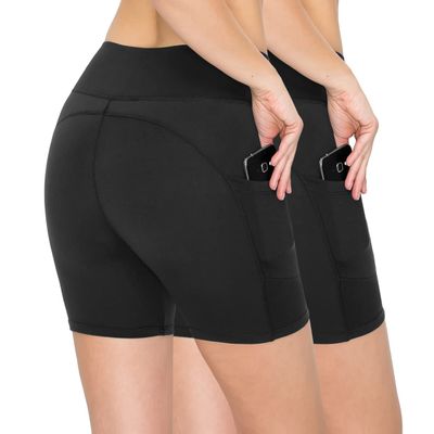 ALWAYS 2 Pack Biker Shorts with Pockets for Women - Soft Stretch High Waisted Yoga Workout 5" Shorts Black Large