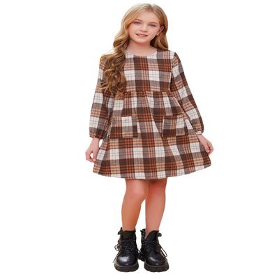 AGQT Toddler Christmas Halloween Plaid Dress for Girls Long Sleeve Round Neck Shirt Dress Fall Winter Gingham Casual Midi Dress with Pockets Brown Yellow Apricot Plaid Size 4-5T