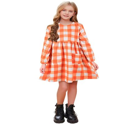 AGQT Toddler Christmas Plaid Dress Halloween Plaid Dress for Girls Long Sleeve Round Neck Shirt Dress Fall Winter Gingham Casual Midi Dress with Pockets Orange White Plaid Size 4-5T
