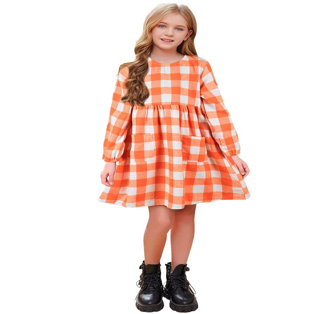 AGQT Toddler Christmas Plaid Dress Halloween Plaid Dress for Girls Long Sleeve Round Neck Shirt Dress Fall Winter Gingham Casual Midi Dress with Pockets Orange White Plaid Size 4-5T