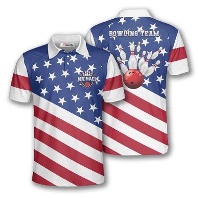 PRIMESTY Custom Bowling Shirts for Men, Patriotic American Flag Bowling Jerseys, Personalized Bowling Polo Shirts