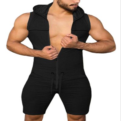 Panegy Mens Rompers Jumpsuits Cotton Zipper Hoodie Bodysuit Leotard One Piece Drawstring Shorts Coverall Tracksuits Summer Fashion Streetwear Black Onesie Clubwear