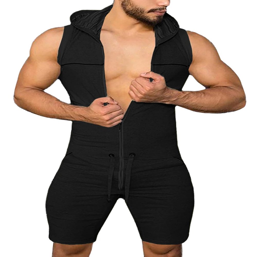 Panegy Mens Rompers Jumpsuits Cotton Zipper Hoodie Bodysuit Leotard One Piece Drawstring Shorts Coverall Tracksuits Summer Fashion Streetwear Black Onesie Clubwear