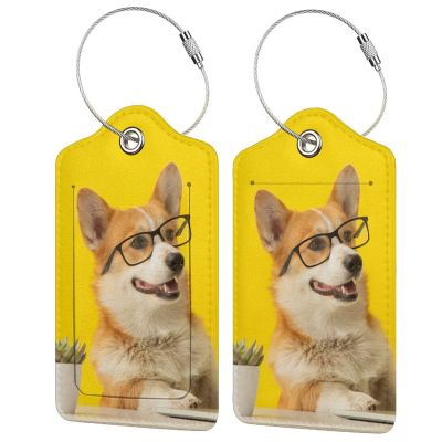 2 Pcs Yellow Luggage Tags for Suitcases Cute Dog with Glasses Pattern Leather Backpack Tag with Stainless Steel Loop Privacy Cover ID Label Travel Bag Tags Luggage Identifiers for Adults Kids Travel