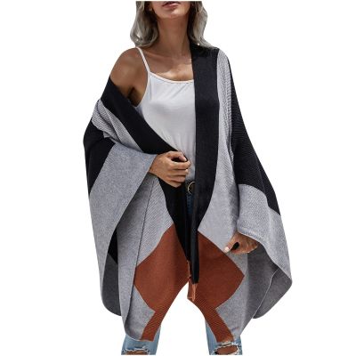 tuduoms Women's Winter Vintage Poncho Capes Color Block Knitted Elegant Shawls Cape Lightweight Wrap Cardigan Sweater Coat