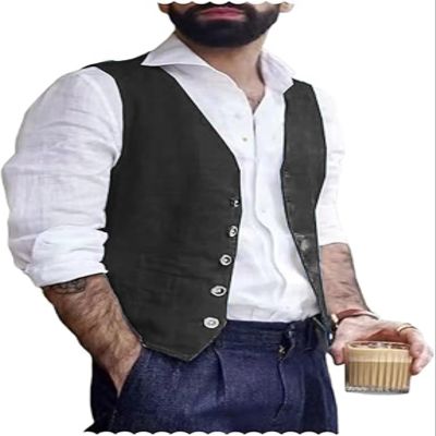 Trasign Men's Suit Vest Linen Black Vest for Men Slim Fit Mens Vest Summer Wedding Business Formal Tuxedo Vest Wasitcoat L