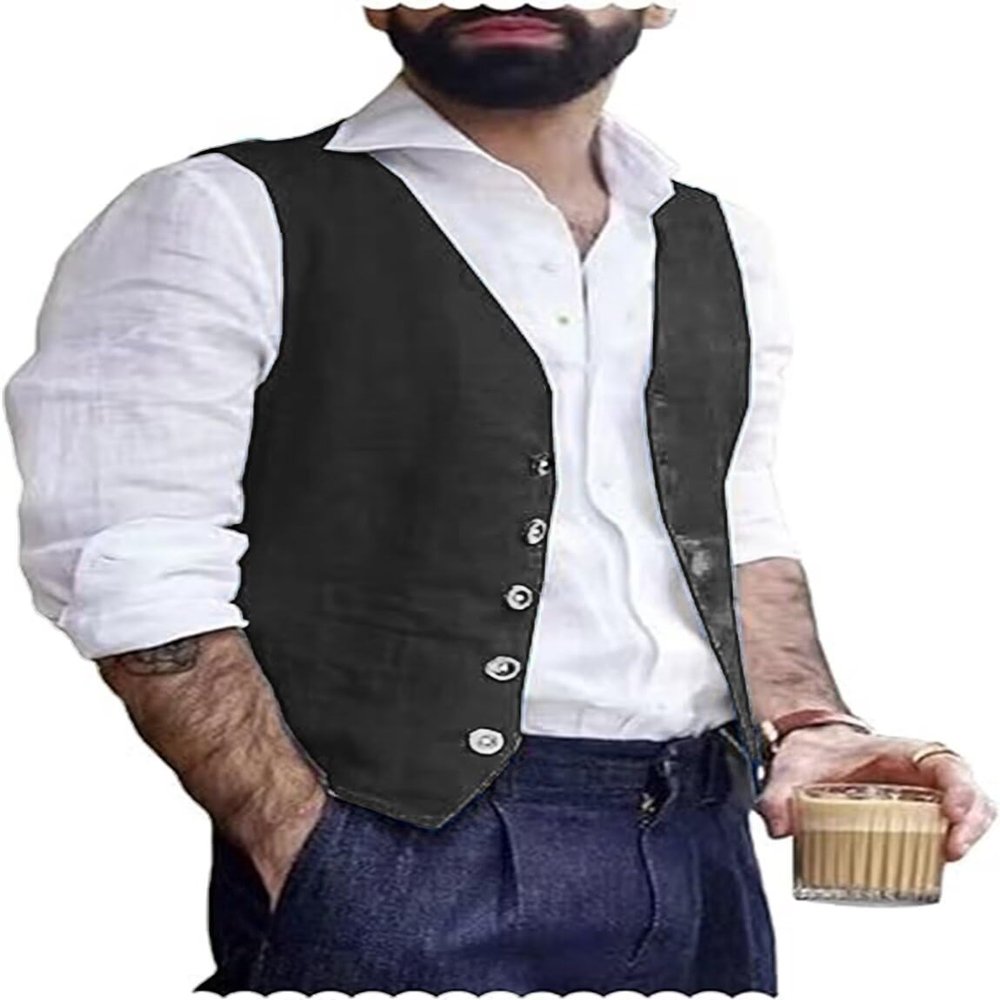 Trasign Men's Suit Vest Linen Black Vest for Men Slim Fit Mens Vest Summer Wedding Business Formal Tuxedo Vest Wasitcoat L