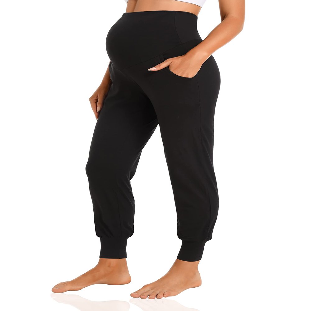 V VOCNI Women's Maternity Pants Maternity Activewear Jogger Track Cuff Sweatpants Over The Belly Stretchy Pregnancy Pants Black 2XL