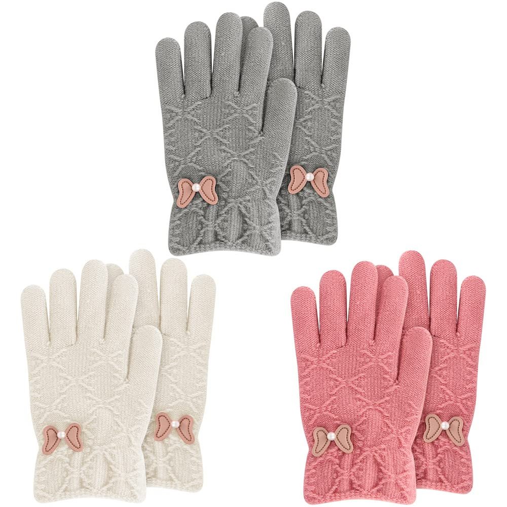 ORVINNER Kids Winter Gloves for Boys Girls, 3 Pairs Children Warm Wool Lined Gloves Toddler Thermal Knitted Mittens (Pink/Grey/White Pack)
