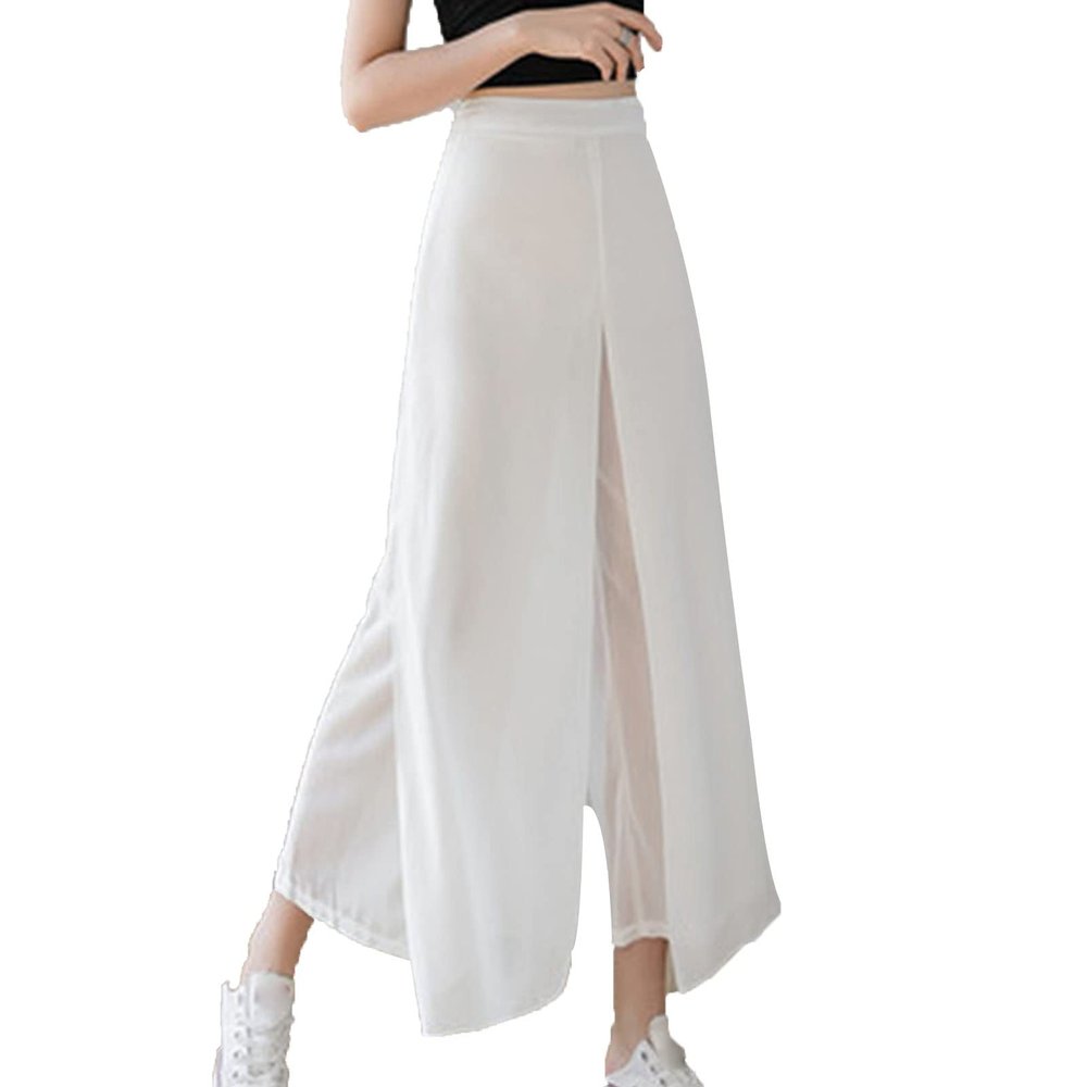 DGHM-JLMY Women Chiffon Fake Wide Leg Pants Loose Hakama Culotte Pants Side Slit Elastic Waist A-Line Pleated Cropped Pants (White,Small,5,OZ)