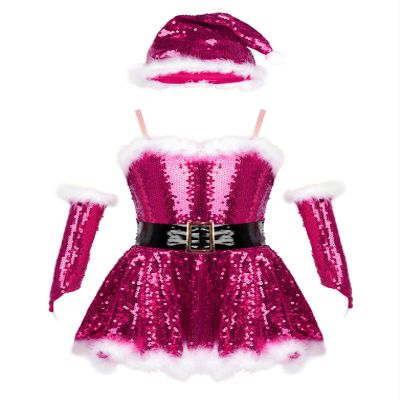 Hansber Big Girls Christmas Outfit Sequins Figure Ice Roller Skating Ballet Dance Leotard Dress with Hat Arm Sleeves Rose 4