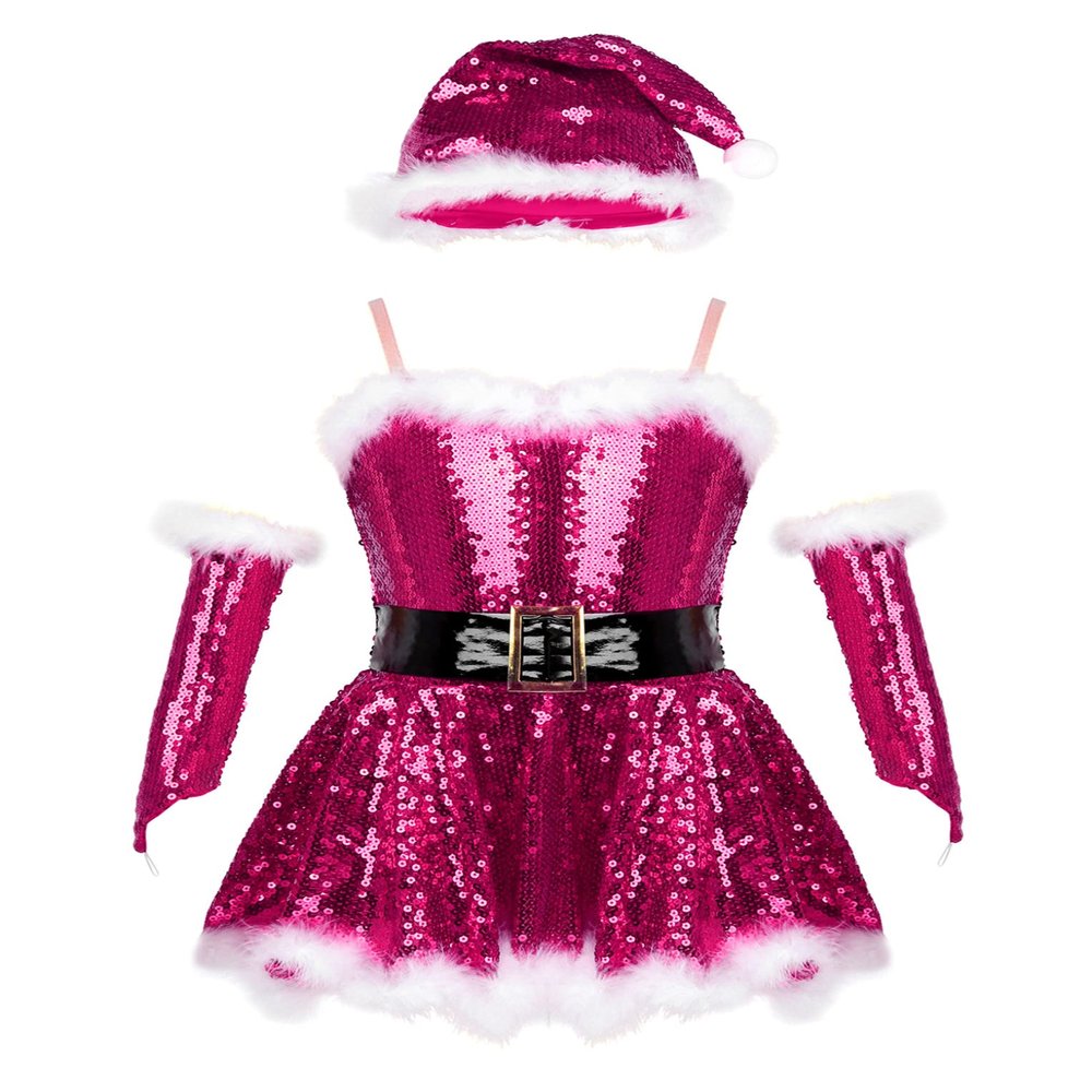 Hansber Big Girls Christmas Outfit Sequins Figure Ice Roller Skating Ballet Dance Leotard Dress with Hat Arm Sleeves Rose 4