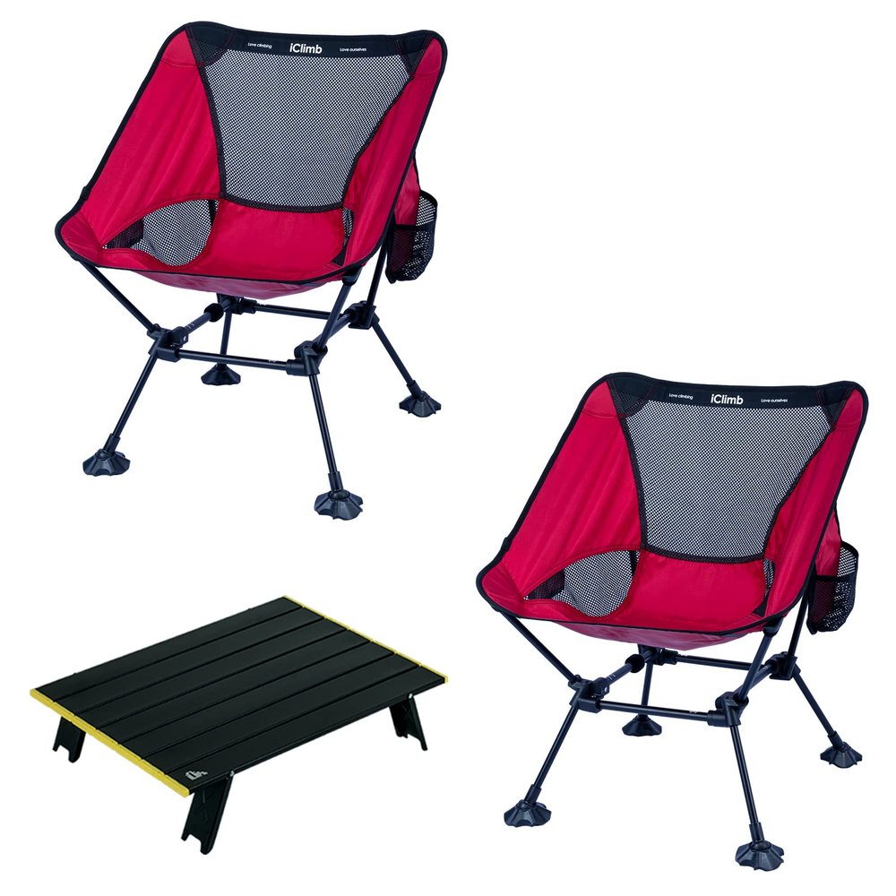 iClimb 2 Anti-Sinking Large Feet Chair and 1 Mini Folding Table Bundle, Ultralight Compact for Adults Outdoor Backpacking Camping Hiking Beach Concert