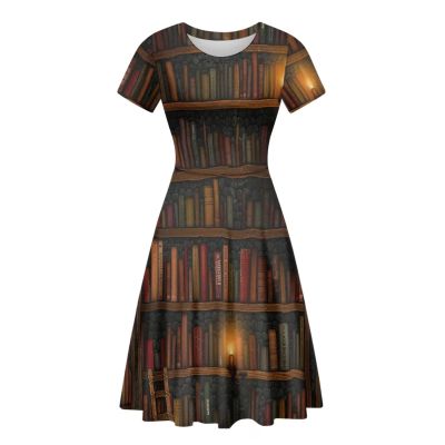 Belidome Elagant Women Dress Vintage Library Book Shelf Sundress Skrit Oversized Soft Lightweight for Athletic Casual Dance Club Night Out