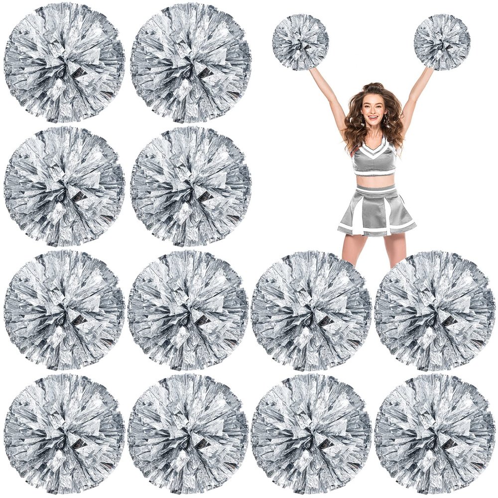Deekin 12 Pcs Cheerleading Pom Poms Cheerleader Squad Spirited Fun Pompoms 12 Inch Metallic Foil Cheer Pom Poms with Handle Flowers for Sport Team Dance Costume Party 50g Weight Each(Silver)