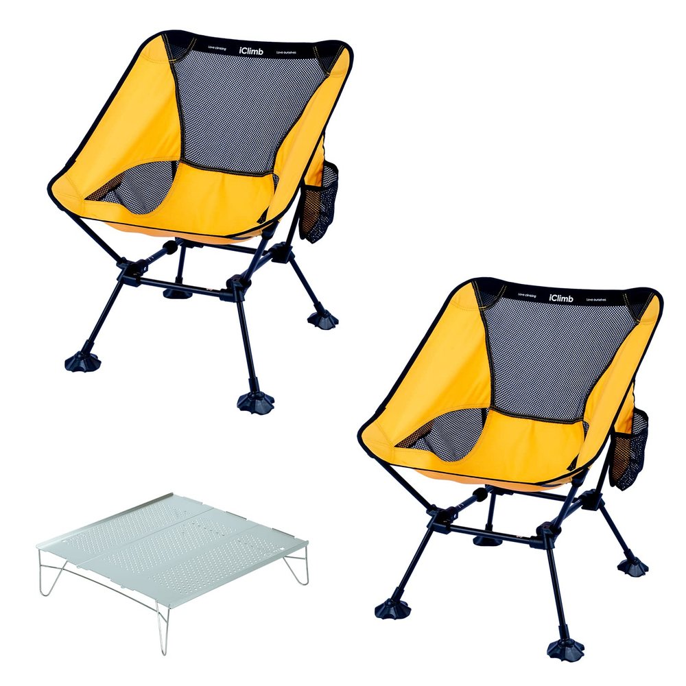 iClimb 2 Anti-Sinking Large Feet Chair and 1 Solo Mini Folding Table Bundle, Ultralight Compact for Two Adults Outdoor Backpacking Hiking Camping Beach Concert