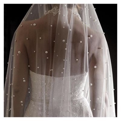 XTYPE Pearls White Ivory Long Bridal Veil with Comb One Layer Cathedral Wedding Veil with Pearls Crystal Beads 75-300cm (Color : Ivory, Item Length : 250cm)