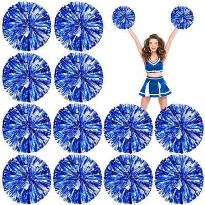 Deekin 12 Pcs Cheerleading Pom Poms Cheerleader Squad Spirited Fun Pompoms 12 Inch Metallic Foil Cheer Pom Poms with Handle Flowers for Sport Team Dance Costume Party 50g Weight Each(Blue and Silver)