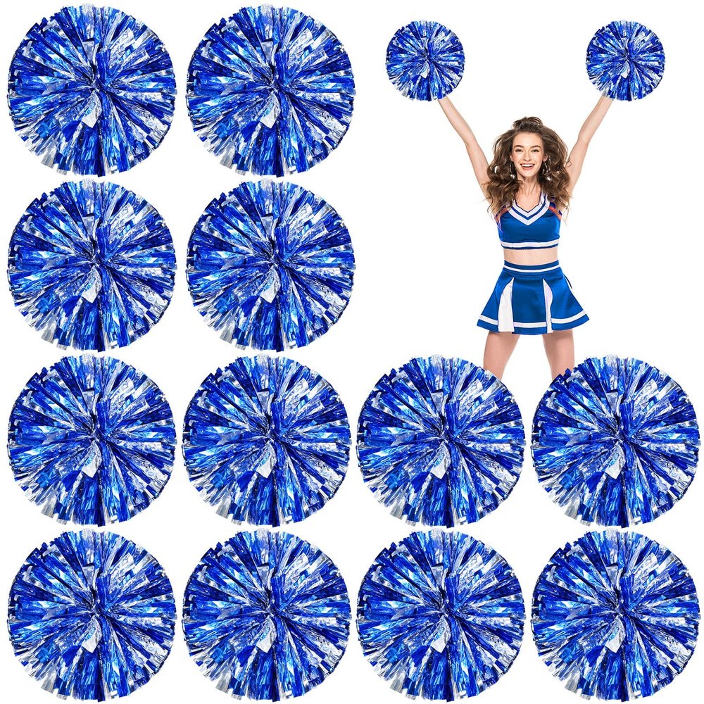 Deekin 12 Pcs Cheerleading Pom Poms Cheerleader Squad Spirited Fun Pompoms 12 Inch Metallic Foil Cheer Pom Poms with Handle Flowers for Sport Team Dance Costume Party 50g Weight Each(Blue and Silver)