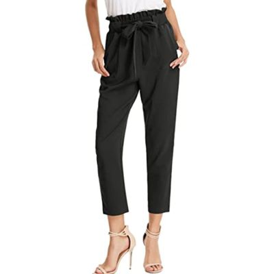 DGHM-JLMY Women's Elastic Bow High Waisted Suit Cropped Paper Bag Waist with Pockets Casual Slim Fit Casual Pencil Pants (Black,Small,5,OZ)