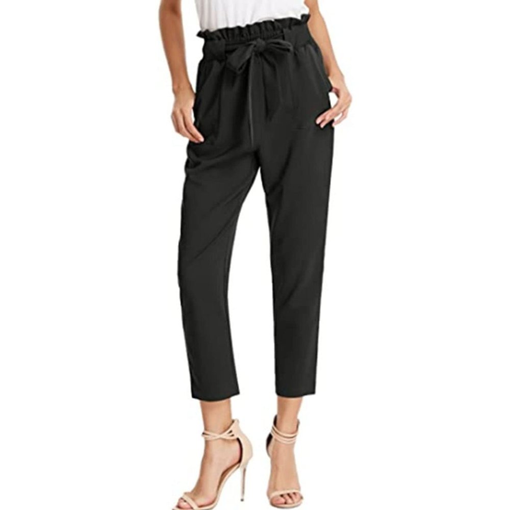 DGHM-JLMY Women's Elastic Bow High Waisted Suit Cropped Paper Bag Waist with Pockets Casual Slim Fit Casual Pencil Pants (Black,Small,5,OZ)