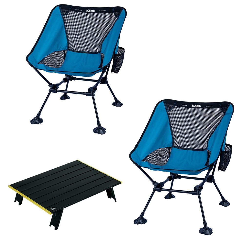 iClimb 1 Mini Folding Table and 2 Anti-Sinking Large Feet Chair Bundle, Ultralight Compact for Two Person Outdoor Backpacking Camping Hiking Beach Concert