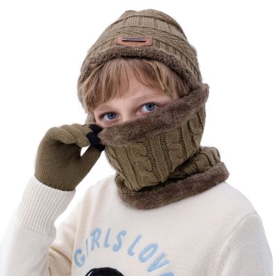 3Pcs Kids Winter Hat Knit Beanies Neck Warmer Scarf Gaiter and Toddler Fleece Lined Touch Screen Mittens Gloves Set for Boys Girls Khaki