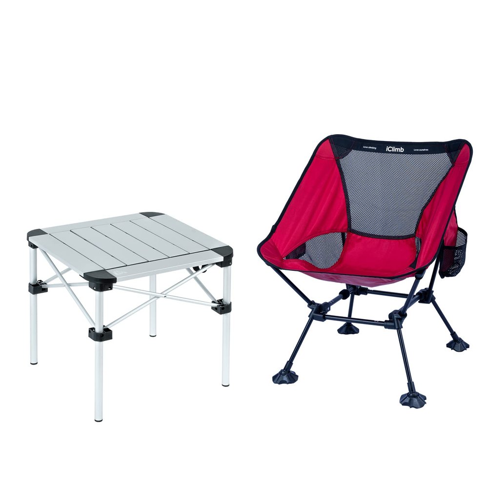 iClimb 1 Lightweight Stable Folding Square Table and 1 Ultralight Compact Anti-Sinking Large Feet Chair Bundle, for Single Adult Outdoor Camping Beach Concert